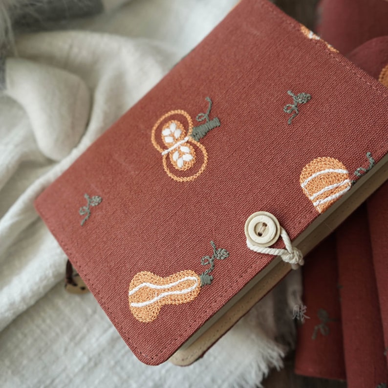 Embroidered Pumpkin Fabric Notebook Journal A5 A6 Loose-leaf Thread-bound Lined Grid Blank Pages Vintage Handmade