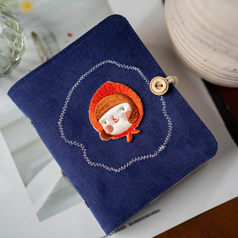 Cahier brodé à feuilles mobiles en velours A7 bleu – Journal ligné, grille, vierge, Cornell – Pages rechargeables – Voyage, fait à la main