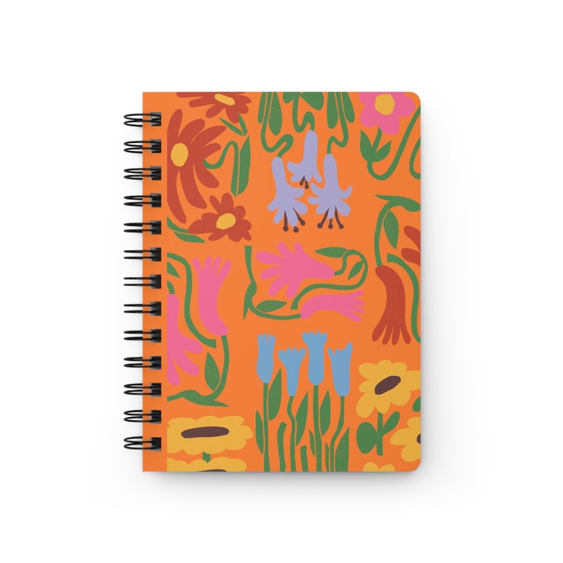 Journal à spirale orange fleur coloré 5x7, 150 pages lignées, couverture laminée brillante