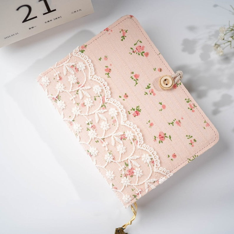 Handmade Floral Fabric Journal A5 A6 Lined Blank Notebook with Lace Cover Pink Flower