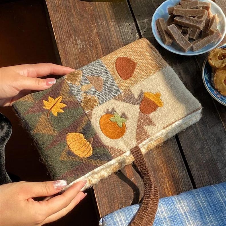 Handmade Patchwork Notebook Cover A5 with Embroidery Autumn Fruits Fabric Journal Refillable Notepad Book Cover