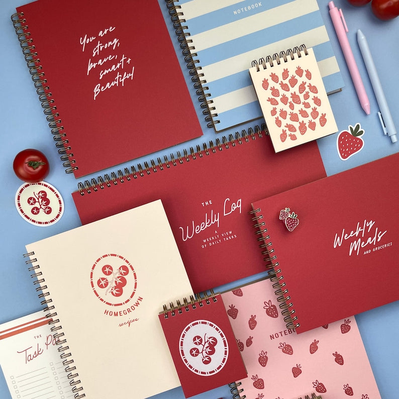 Carnet de notes à motif fraise - Carnet de poche, revue, 3x4 pouces, 65 pages blanches, reliure spirale