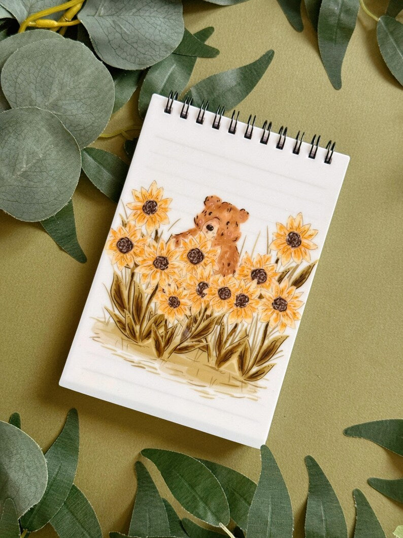 Carnet de notes ours tournesol A6 à spirales, cahier ligné, journal de voyage, papeterie kawaii