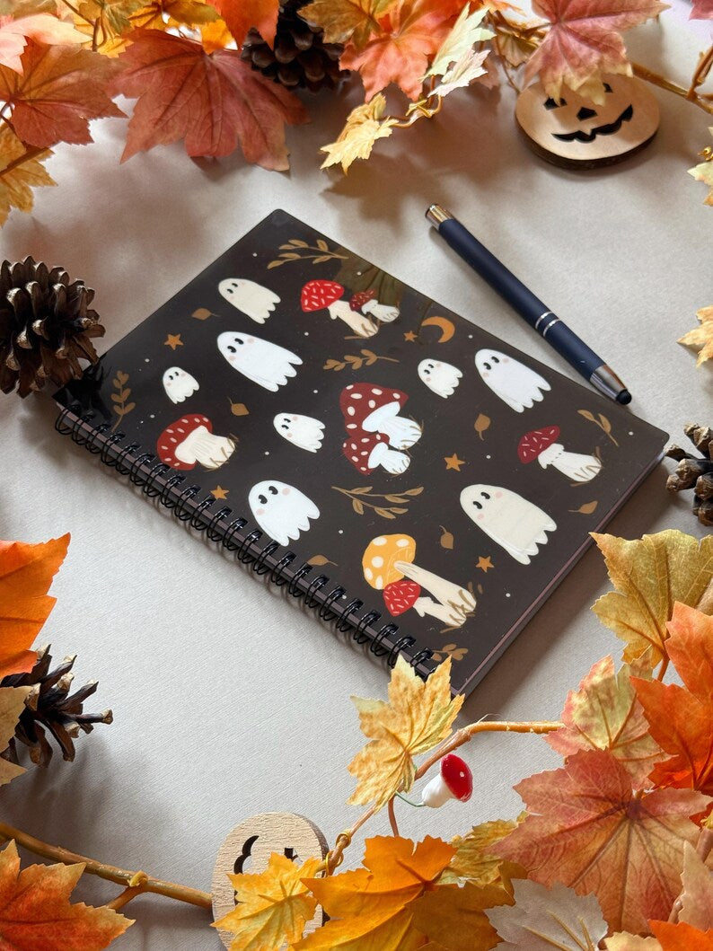 Cahier fantôme champignon A5 ligné - carnet à spirales avec couverture acrylique, 60 pages, papeterie kawaii