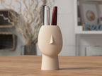 Sculptural Face Pen Holder - Modern Desk Organizer - Beige Ceramic Look Pencil Cup - Minimalist Home Office Decor