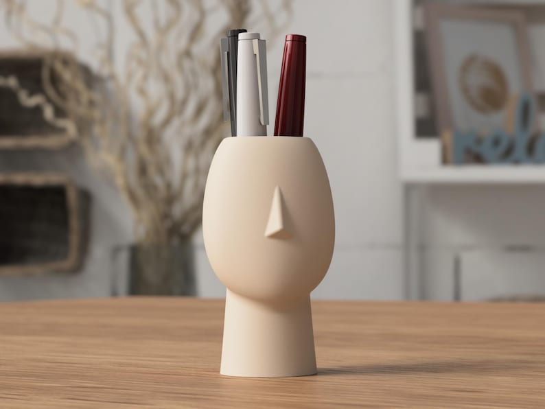 Sculptural Face Pen Holder - Modern Desk Organizer - Beige Ceramic Look Pencil Cup - Minimalist Home Office Decor