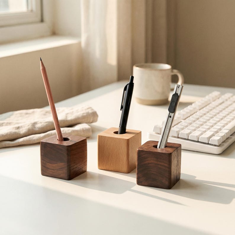 Porte-stylo en bois - Organiseur de bureau minimaliste, rangement de papeterie en bois naturel