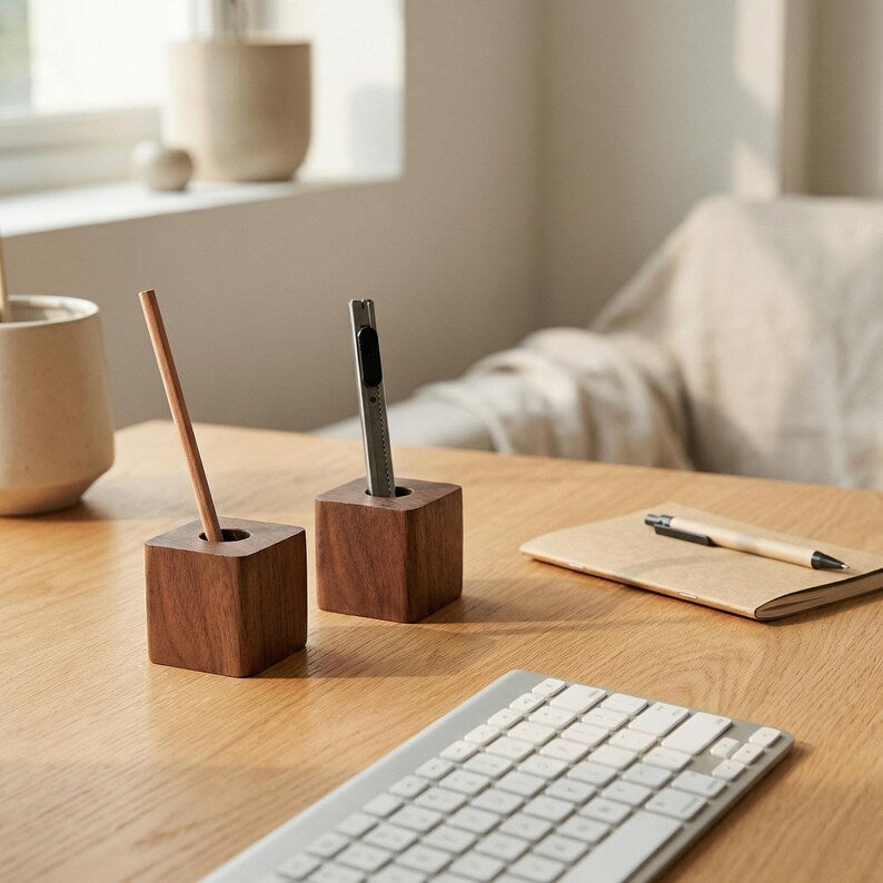 Porte-stylo en bois - Organiseur de bureau minimaliste, rangement de papeterie en bois naturel