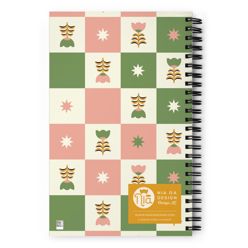Carnet de notes rétro - Damier scandinave Tulipe vert mousse et rose mastic - 140 pages pointillés