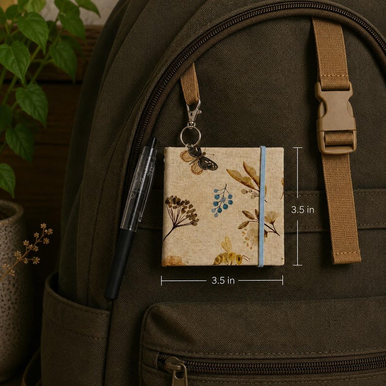 Carnet de notes porte-clés abeille papillon botanique fait main 3,5" avec stylo