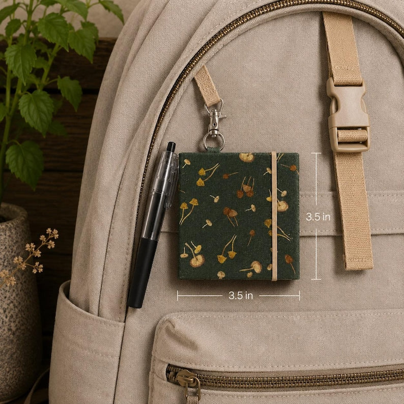 Carnet de notes champignon fait main vert foncé (3,5 x 3,5 pouces) porte-clés