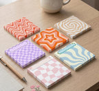 Ensemble de 6 post-it groovy rétro 3x3 pouces - blocs-notes esthétiques pastel à motif damier ondulé - fournitures de bureau