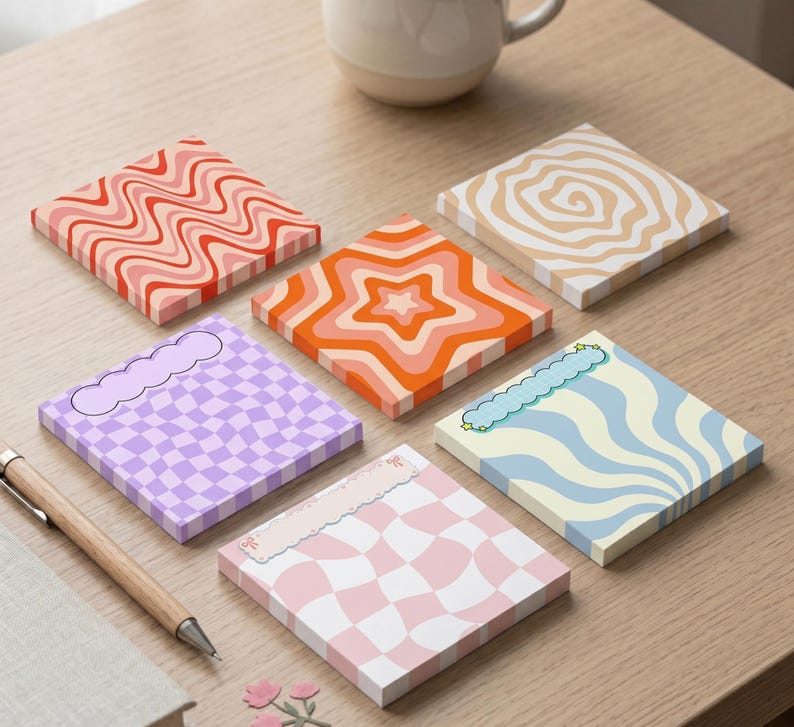 Ensemble de 6 post-it groovy rétro 3x3 pouces - blocs-notes esthétiques pastel à motif damier ondulé - fournitures de bureau