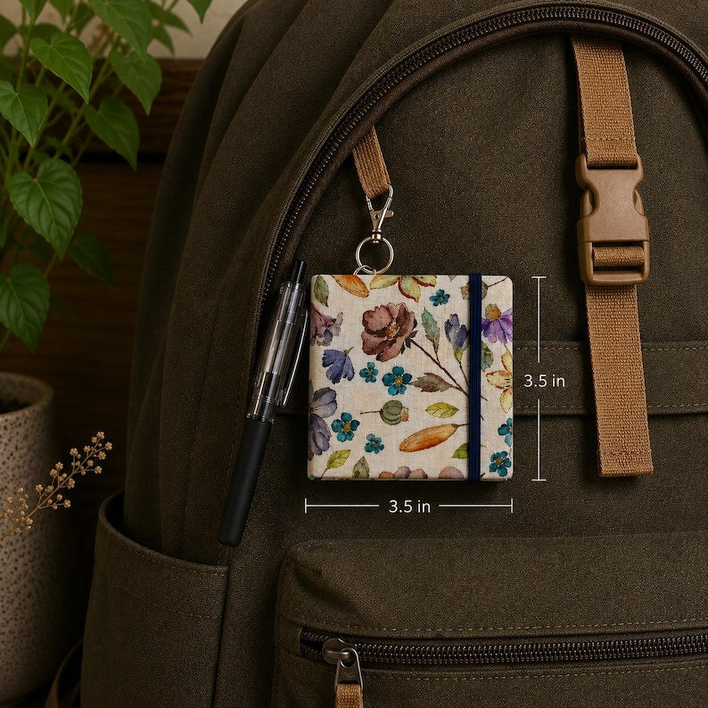 Carnet de notes avec stylo fait main 3,5 x 3,5 pouces, couverture en tissu aquarelle floral, 90 pages de pense-bêtes, bleu sarcelle et lin crème