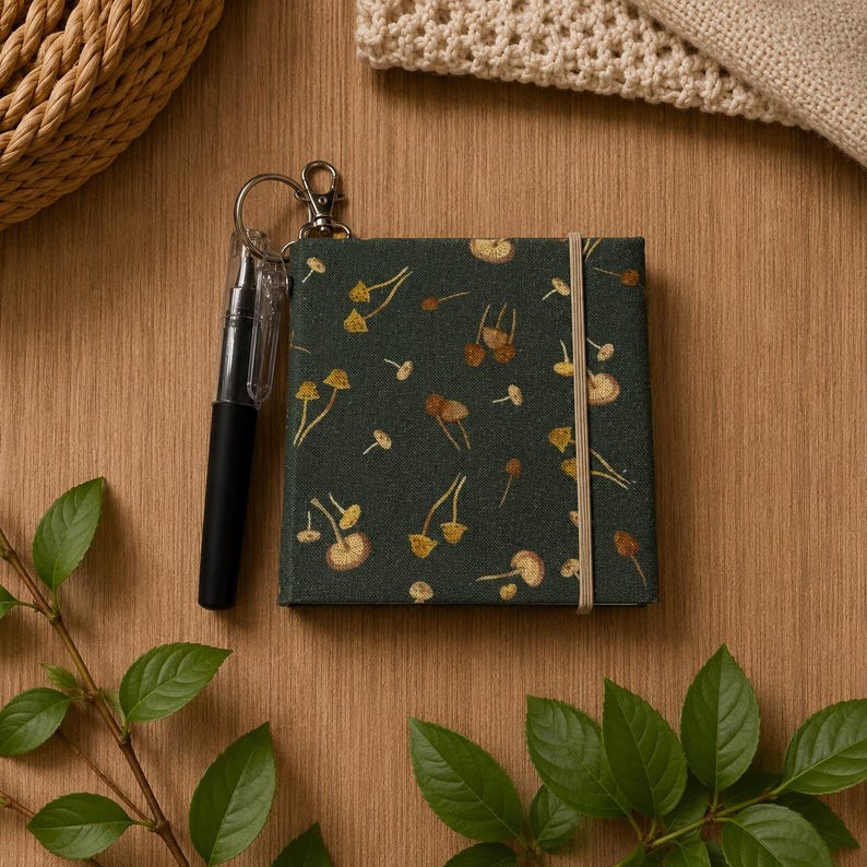 Carnet de notes champignon fait main vert foncé (3,5 x 3,5 pouces) porte-clés