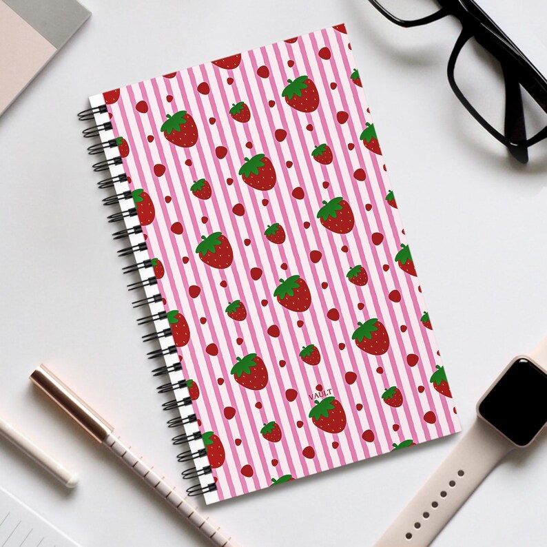 Carnet à spirale fraise, carnet à rayures roses, 160 pages lignées 90 g/m²